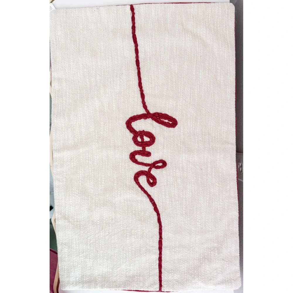 Pottery Barn Sentimental Love Embroidered Pillow Cover Red 16x26 New With Tag
